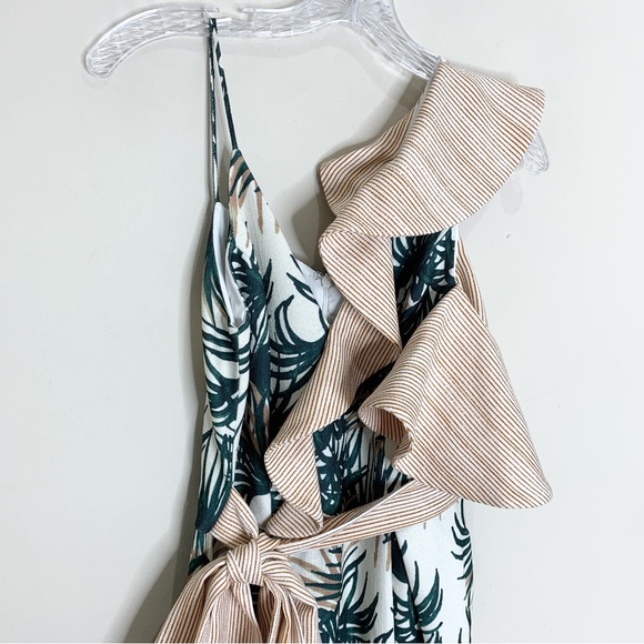 PatBO Palm Jumpsuit (Sz 2) Asymmetric Ruffle Wide Leg Crop Green & White - Picture 7 of 16